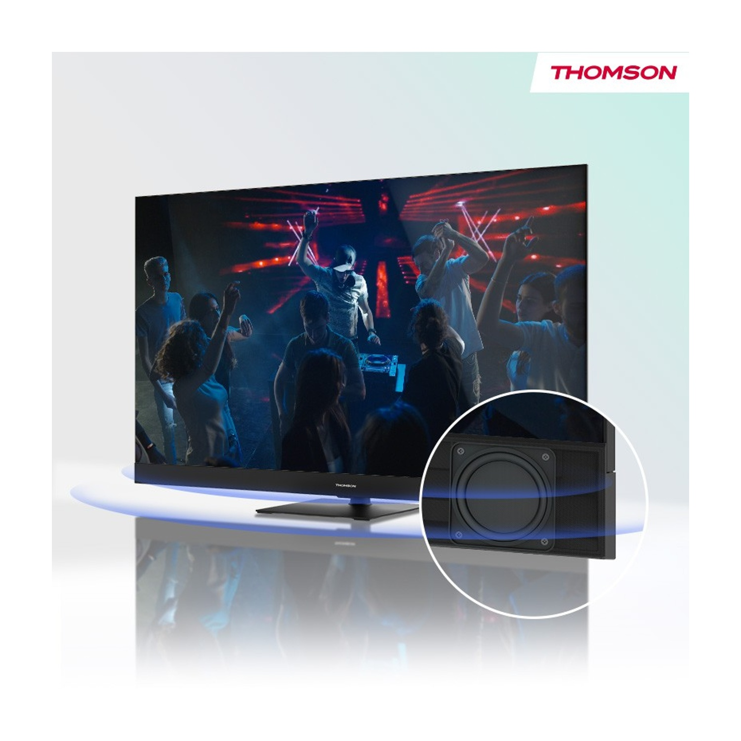 TV che mostra persone che ballano a una festa. Un altoparlante è evidenziato. Logo Thomson in alto a destra.