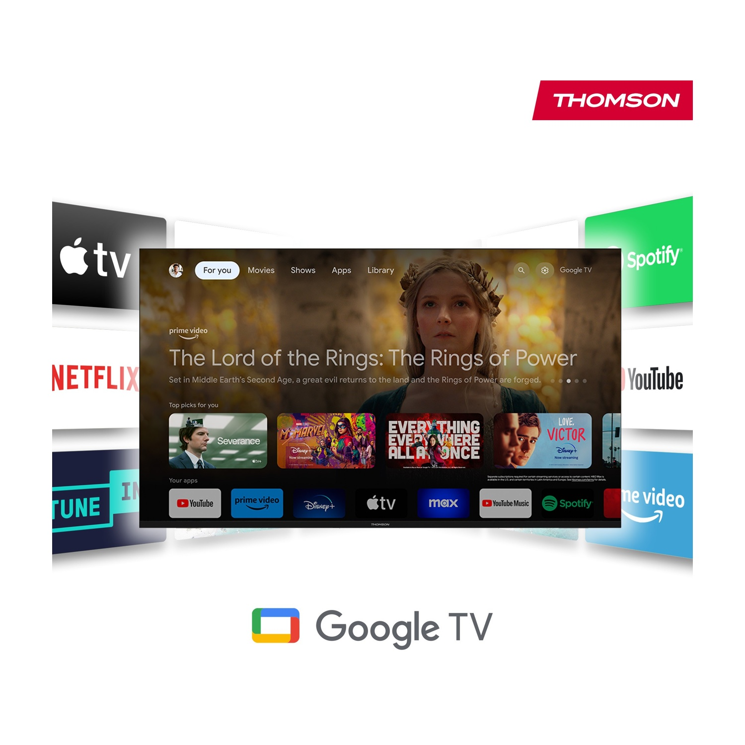 Interfaccia Google TV. Mostra app come Netflix, YouTube, Prime Video. 'Il Signore degli Anelli' in evidenza. Logo Thomson in alto.