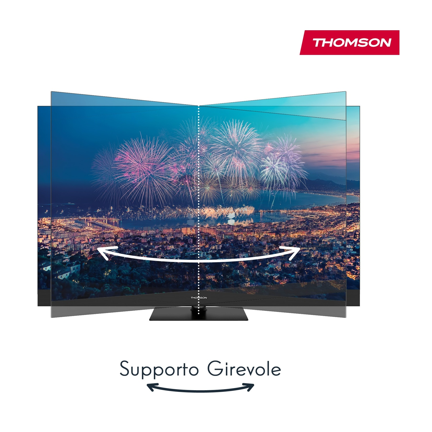 Un televisore Thomson mostra fuochi d'artificio su una città. Ha un supporto girevole. Il logo Thomson è rosso.