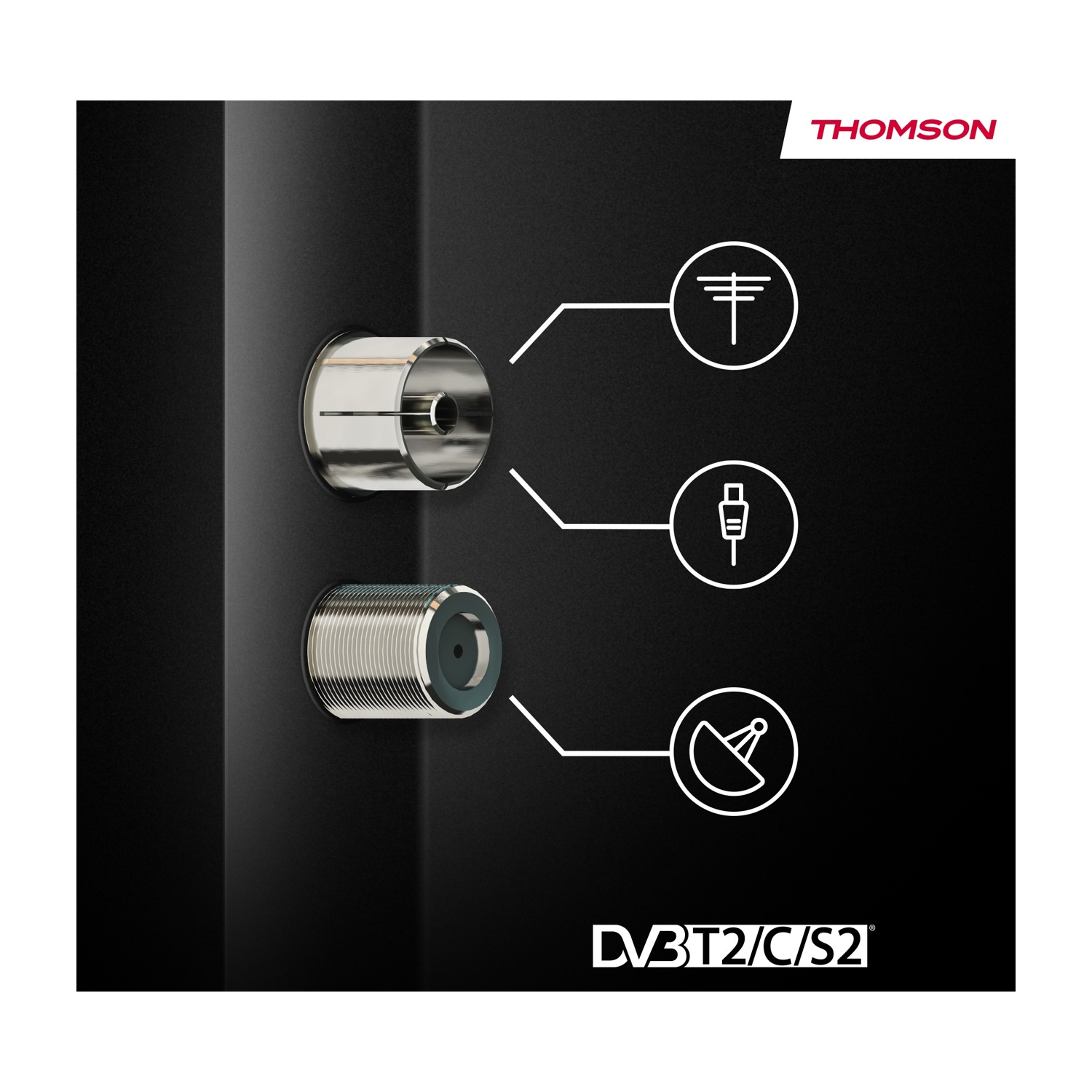 Primo piano di un dispositivo nero con connettori argentati e icone bianche per antenna, USB e satellite. Il logo Thomson è visibile.