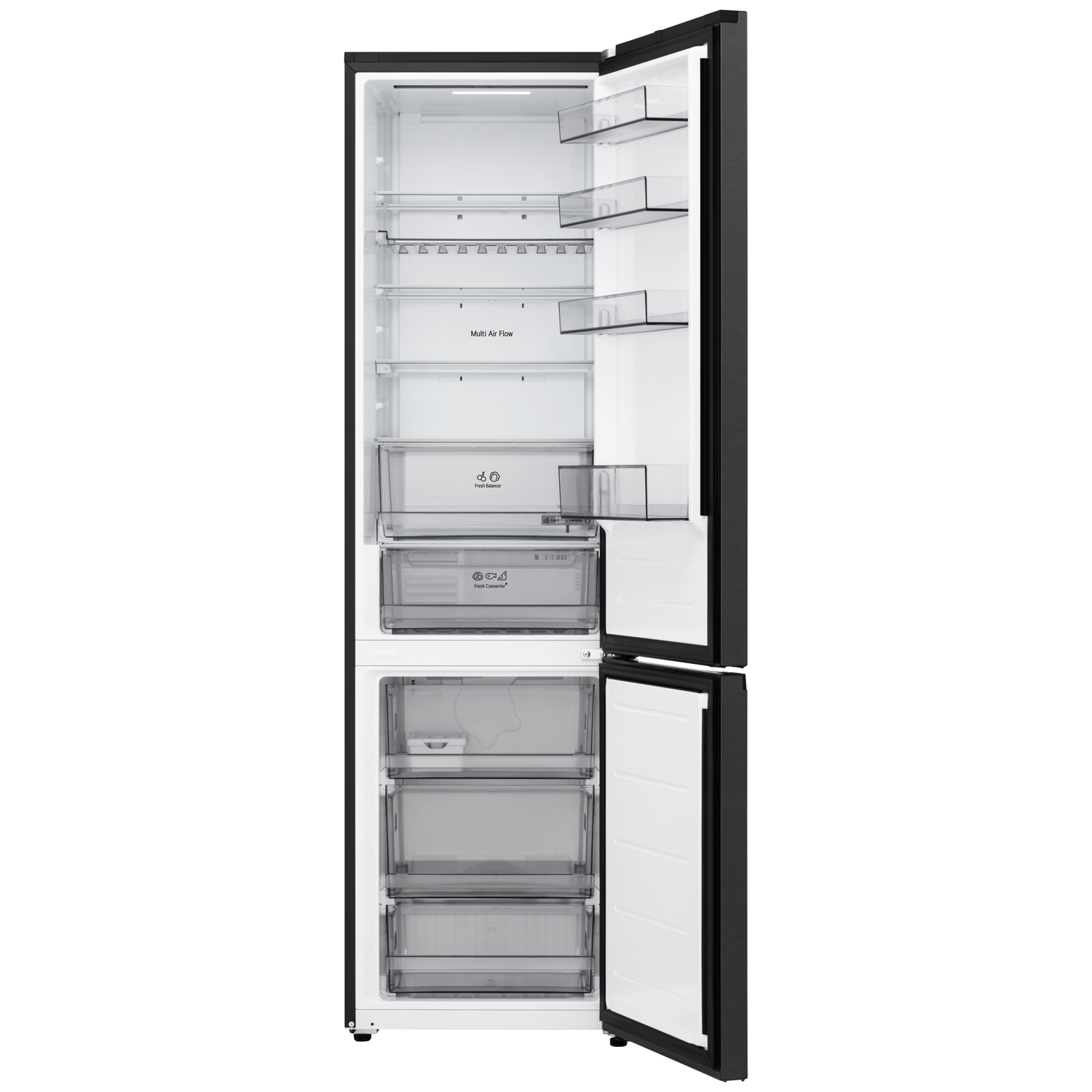 Open black refrigerator showing interior with shelves, drawers, and labels like 'Multi Air Flow' and 'Fresh Balancer'.