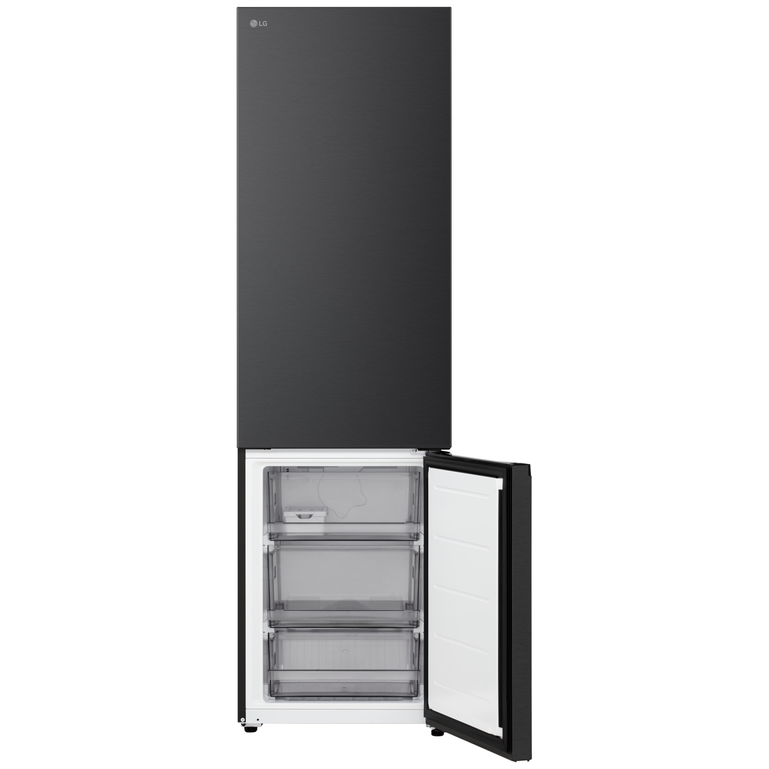 A black LG refrigerator with the freezer door open, revealing drawers. The upper door is closed. White interior.