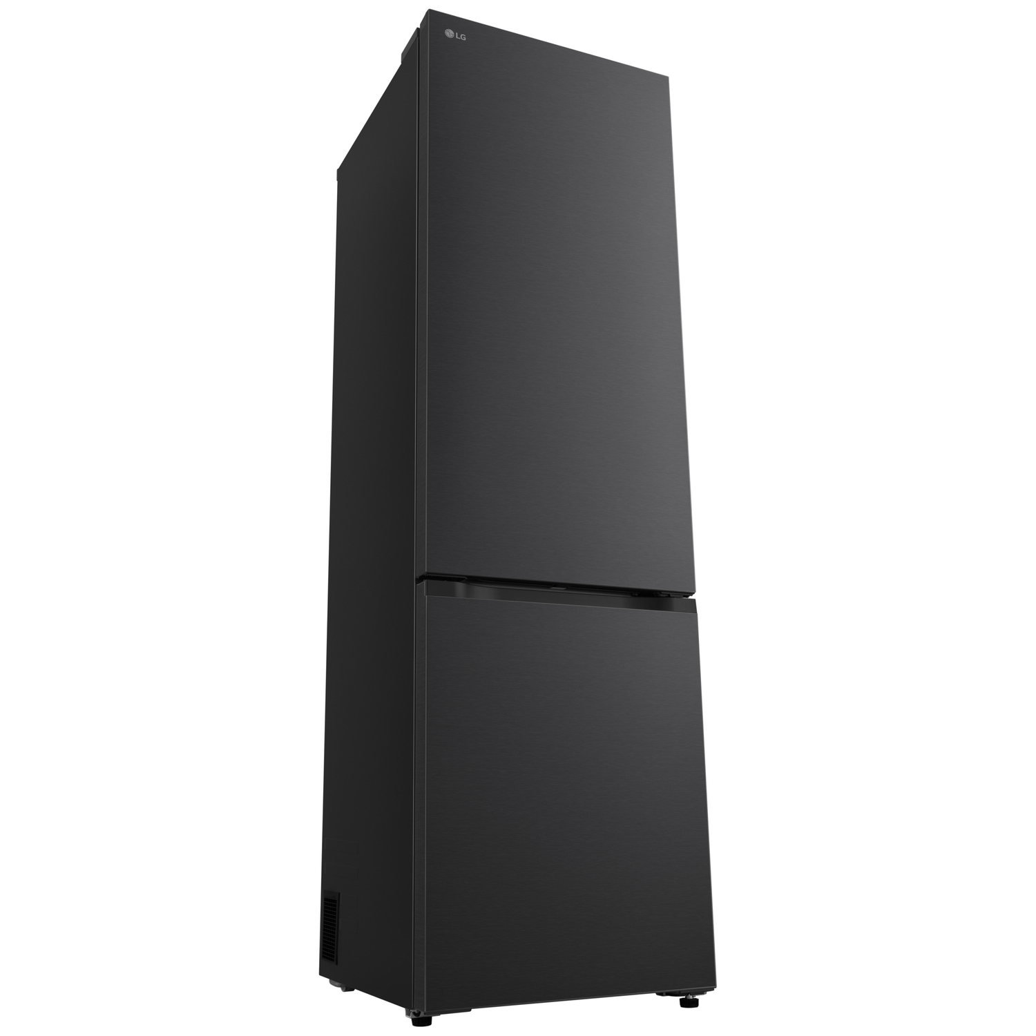 A black LG refrigerator. It has a two-door design, with a freezer on the bottom. The LG logo is at the top. The background is white.