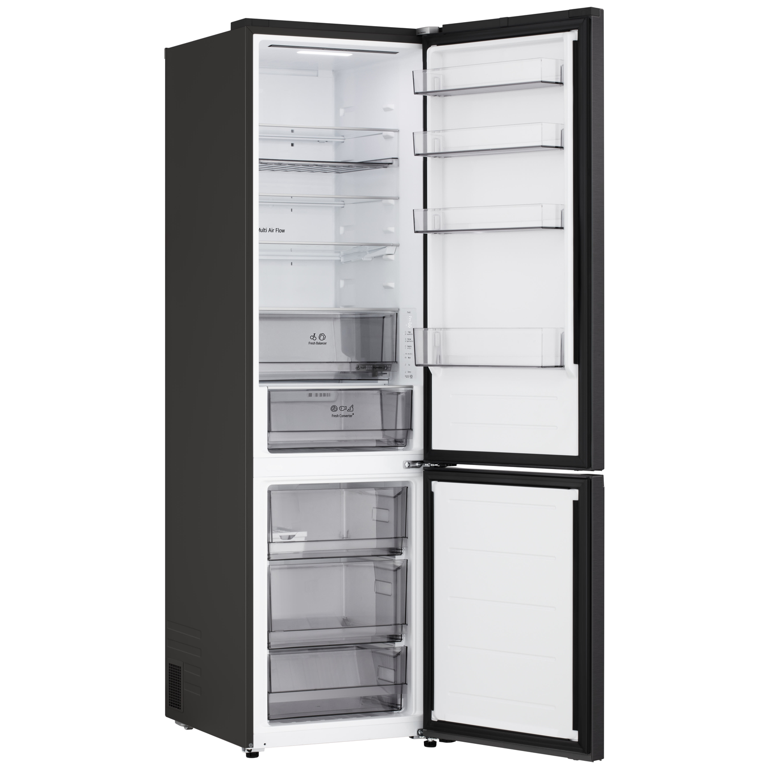 Black refrigerator with opened doors. Interior shows shelves, drawers and door compartments. White interior with black frame.