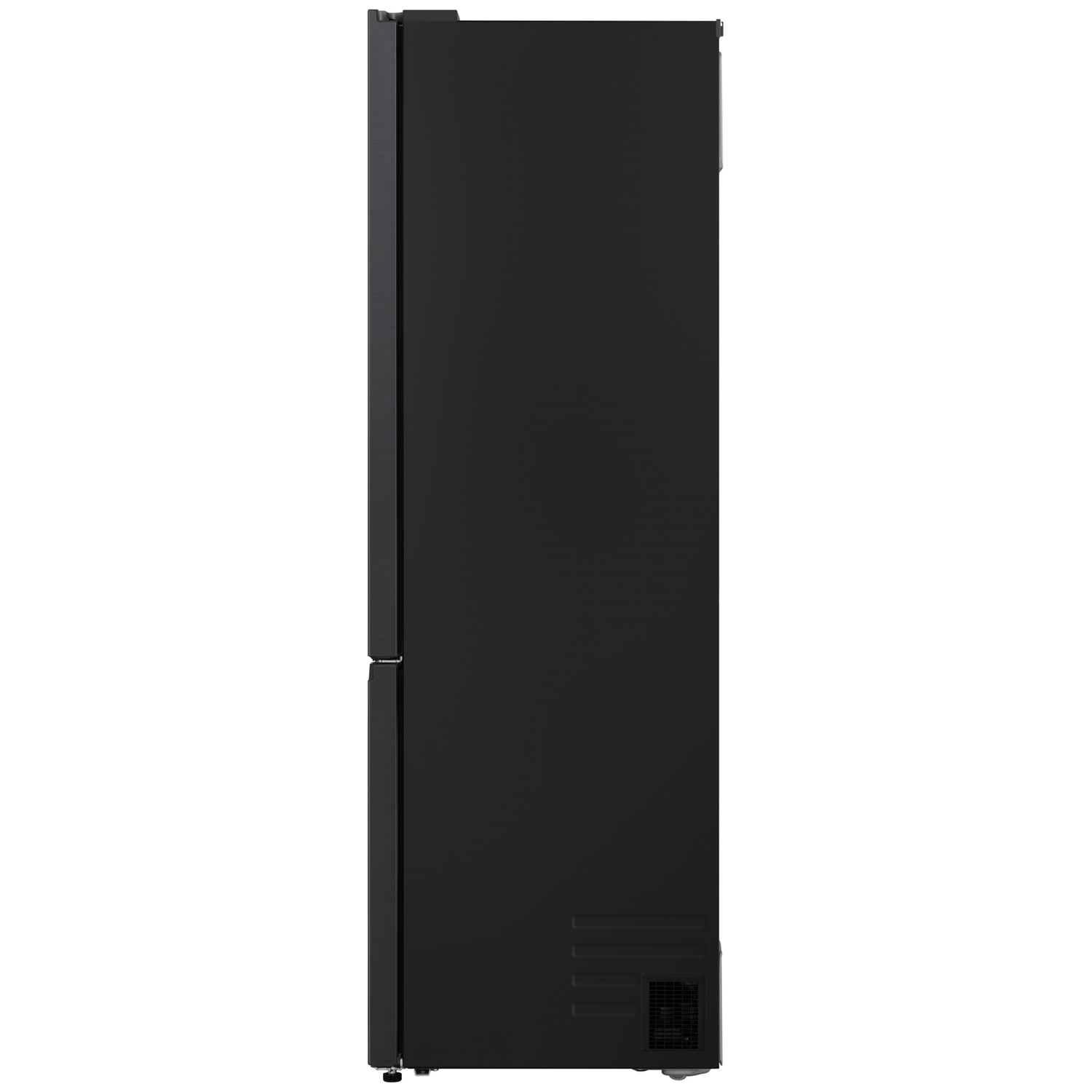 Side view of a black refrigerator on a white background. The refrigerator door is closed. There is a vent at the bottom.