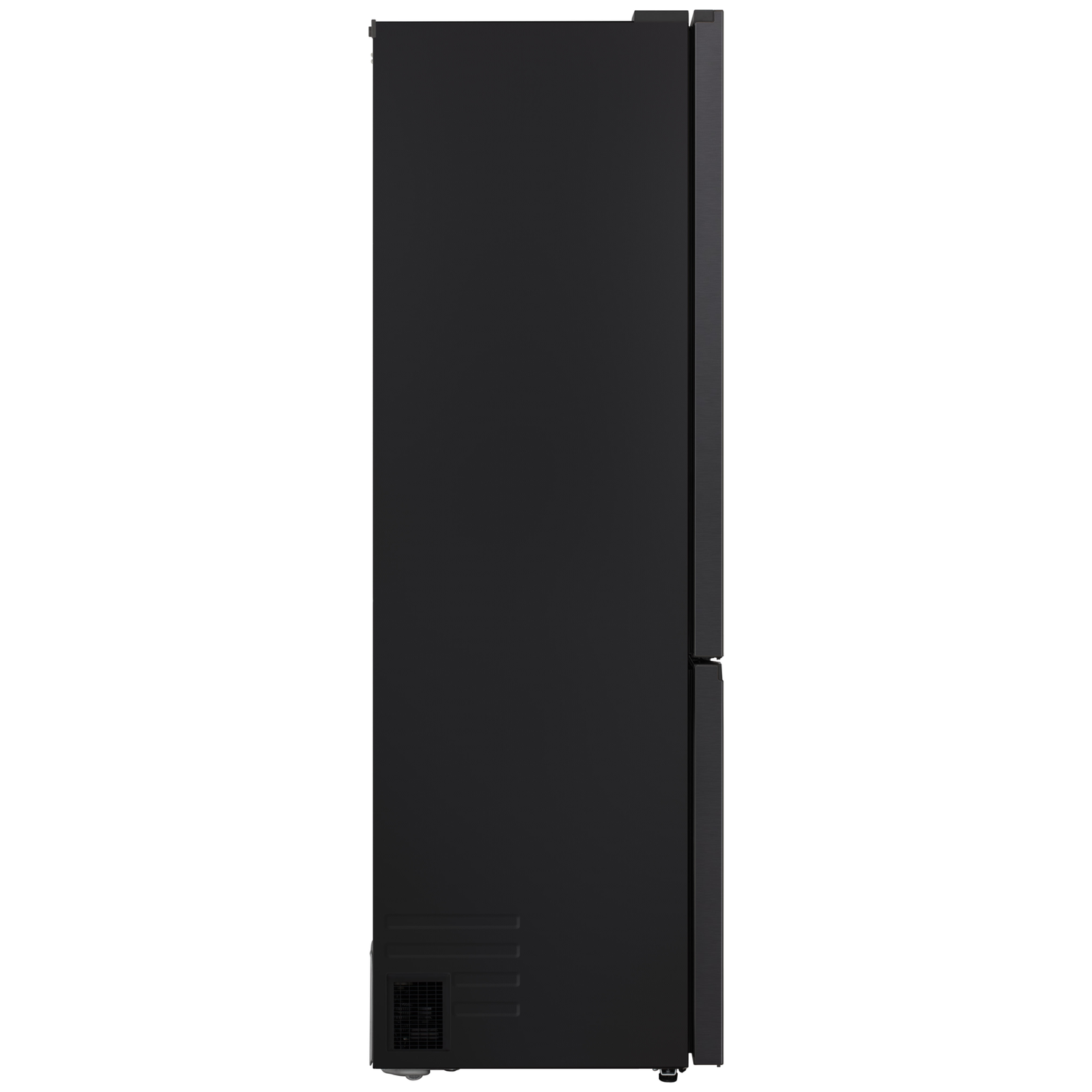 A black refrigerator stands against a white background. It has a vertical design with a door handle and ventilation at the bottom.