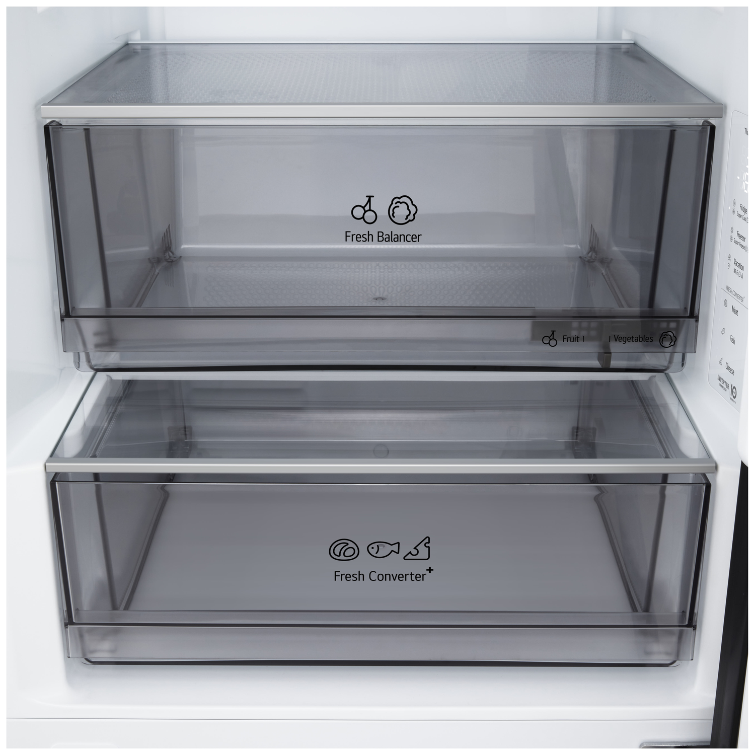 Inside a refrigerator, two transparent drawers labeled 'Fresh Balancer' and 'Fresh Converter' are visible. Labels and icons are present.