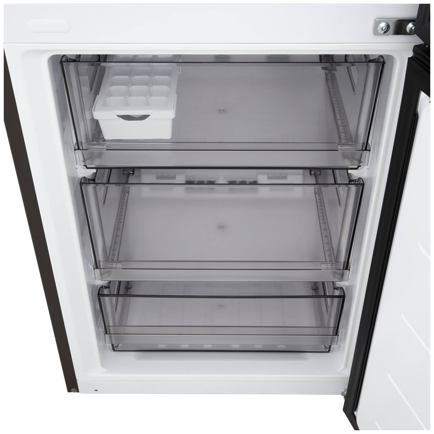 Open freezer with three transparent drawers. A white ice cube tray sits in the top drawer. The door is open, revealing the interior.