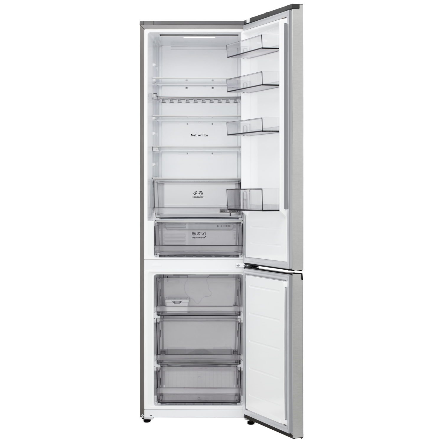Open refrigerator, showing shelves, drawers, and compartments. Stainless steel exterior with open doors. Labels indicate features like 'Multi Air Flow'.