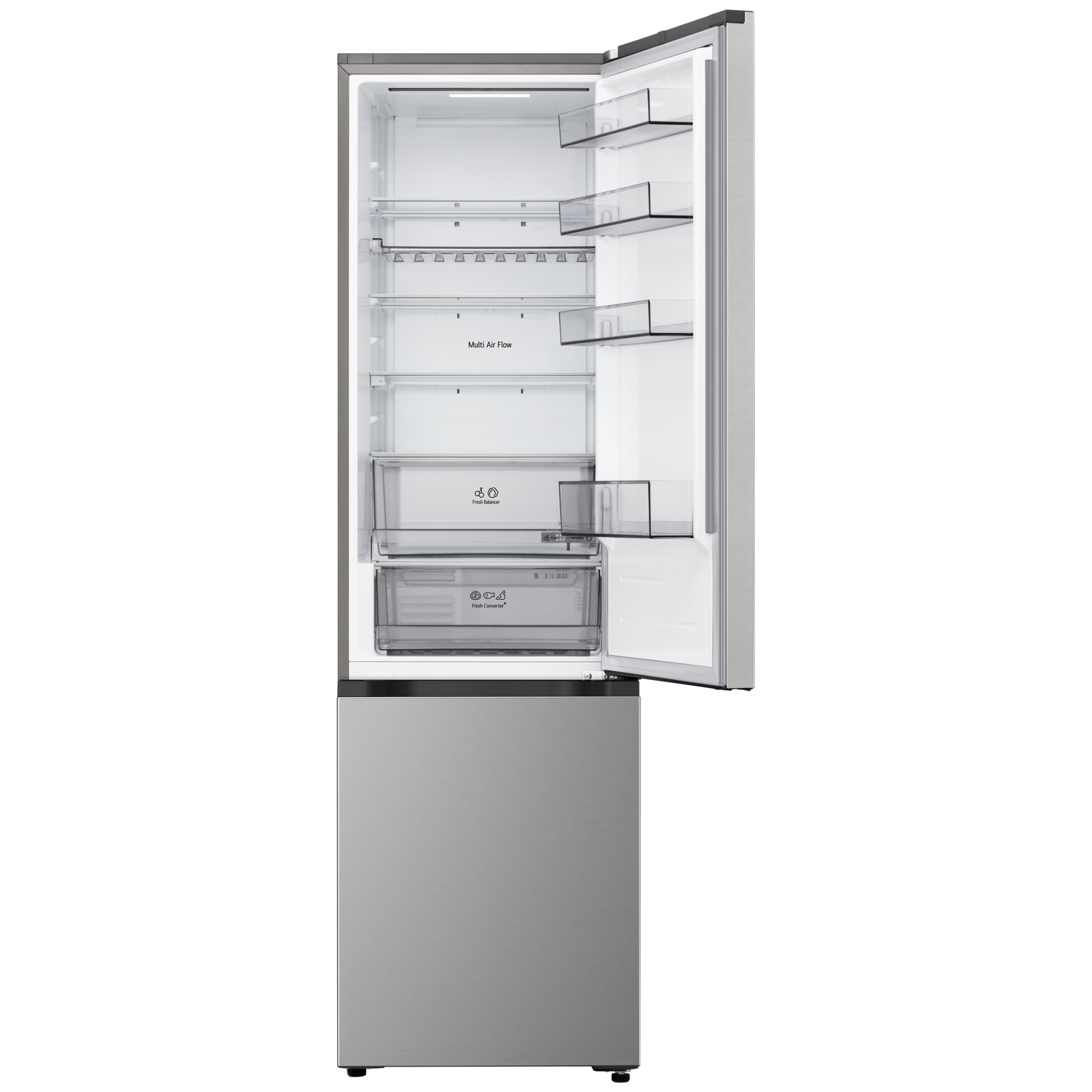 Open stainless steel refrigerator with shelves and drawers. The door is ajar, revealing interior compartments. The background is white.