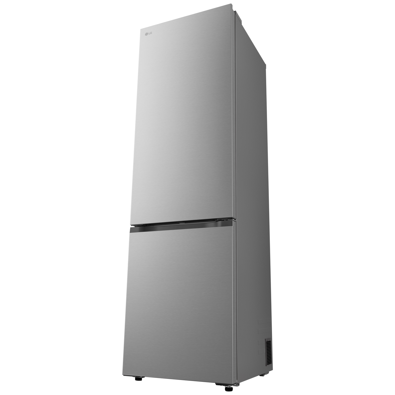 A stainless steel LG refrigerator stands on a white background. The top door is larger than the bottom one. The LG logo is visible.