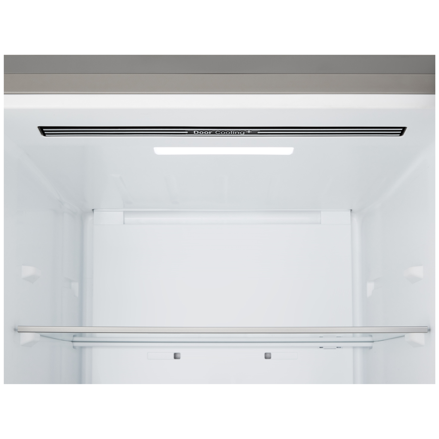 Inside a white refrigerator, a shelf is visible. Above, a vent labeled 'Door Cooling+' is seen.