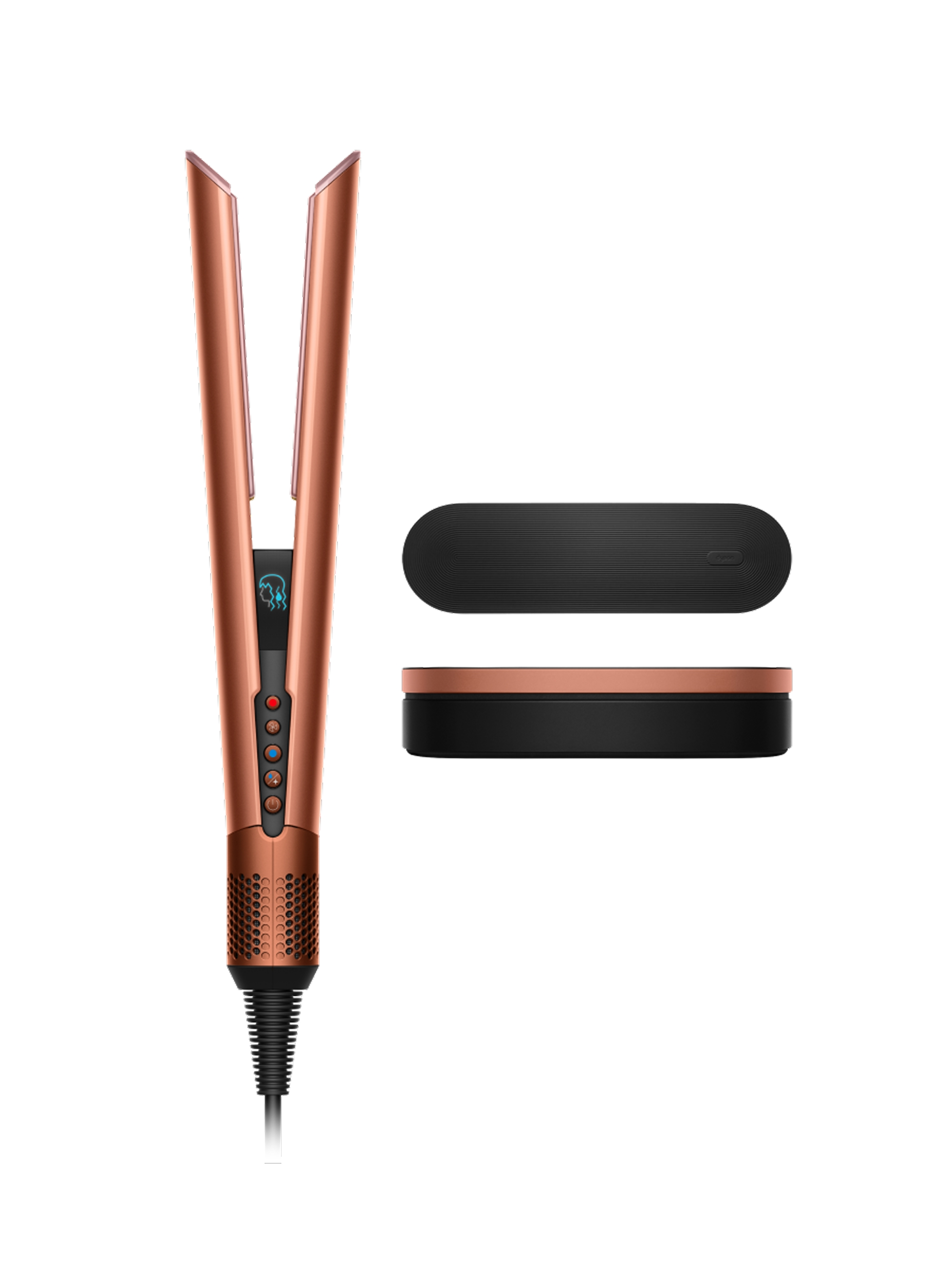 Una plancha de pelo oro rosa con base negra y un accesorio ovalado negro sobre fondo blanco.