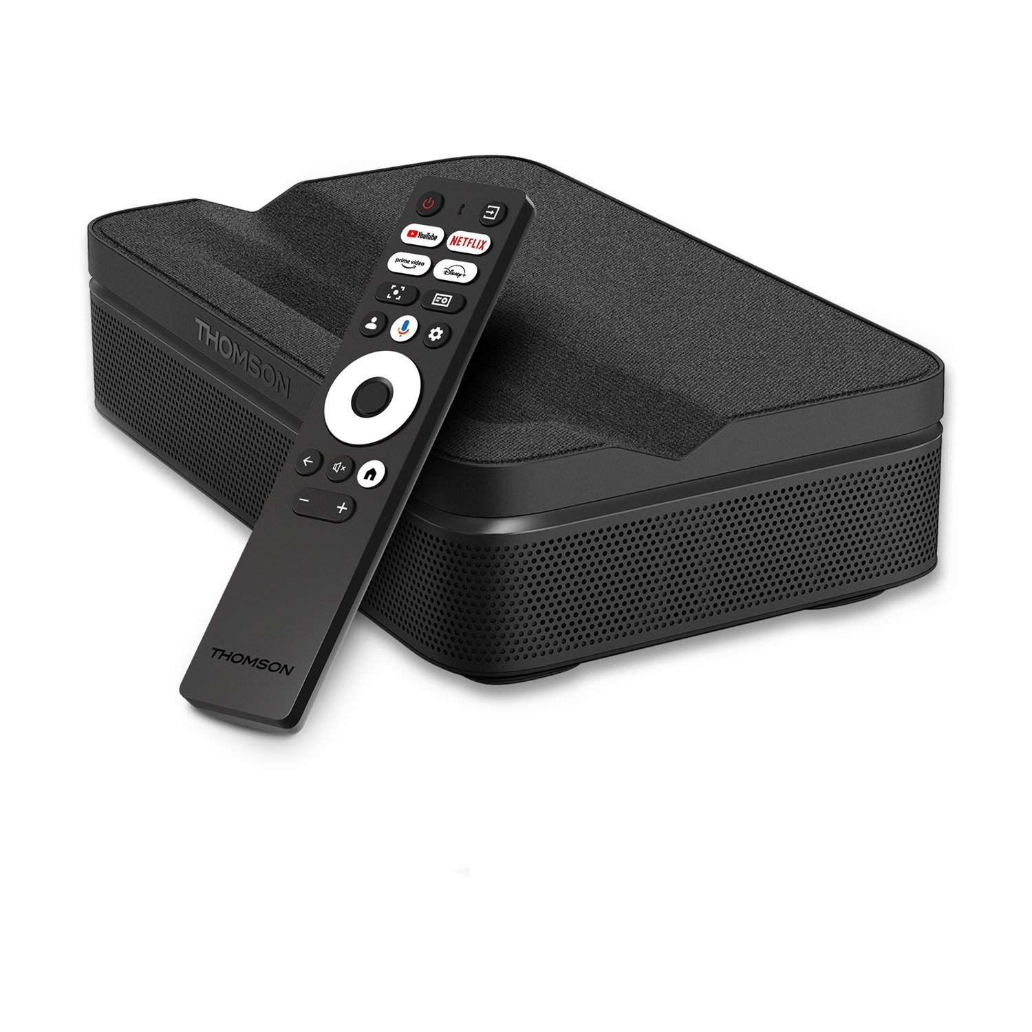 THOMSON PG55B, Videoproiettore LASER, Google Assistant, Google Play Store, Telecomando,  Adattatore di alimentazione multipresa, Cavo di alimentazione, 2 batterie AAA