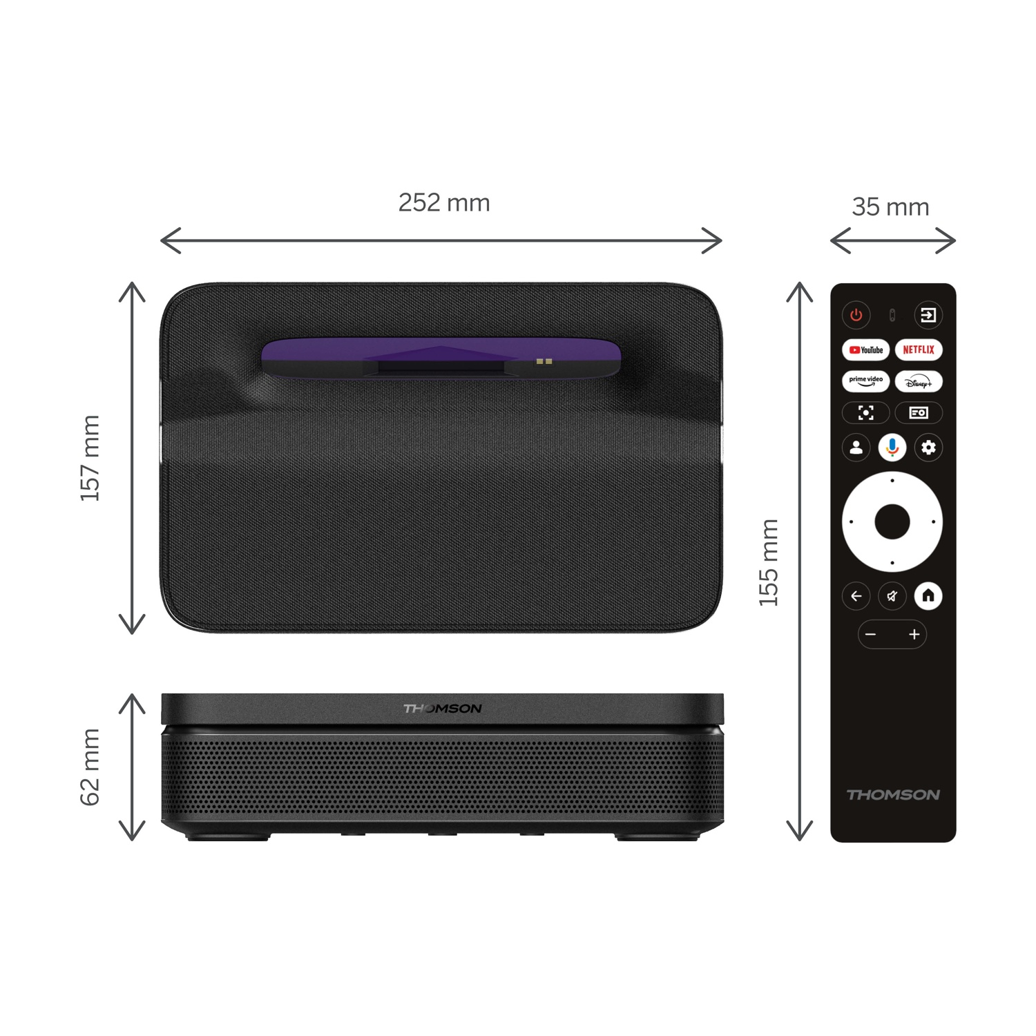 Un proiettore Thomson con telecomando, con dimensioni. Include pulsanti Netflix, Youtube e altre app.