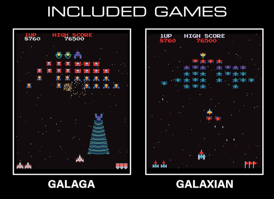 Zwei Arcade-Spielbildschirme: Galaga und Galaxian. Beide zeigen Raumschiffe und außerirdische Feinde auf schwarzem Hintergrund.