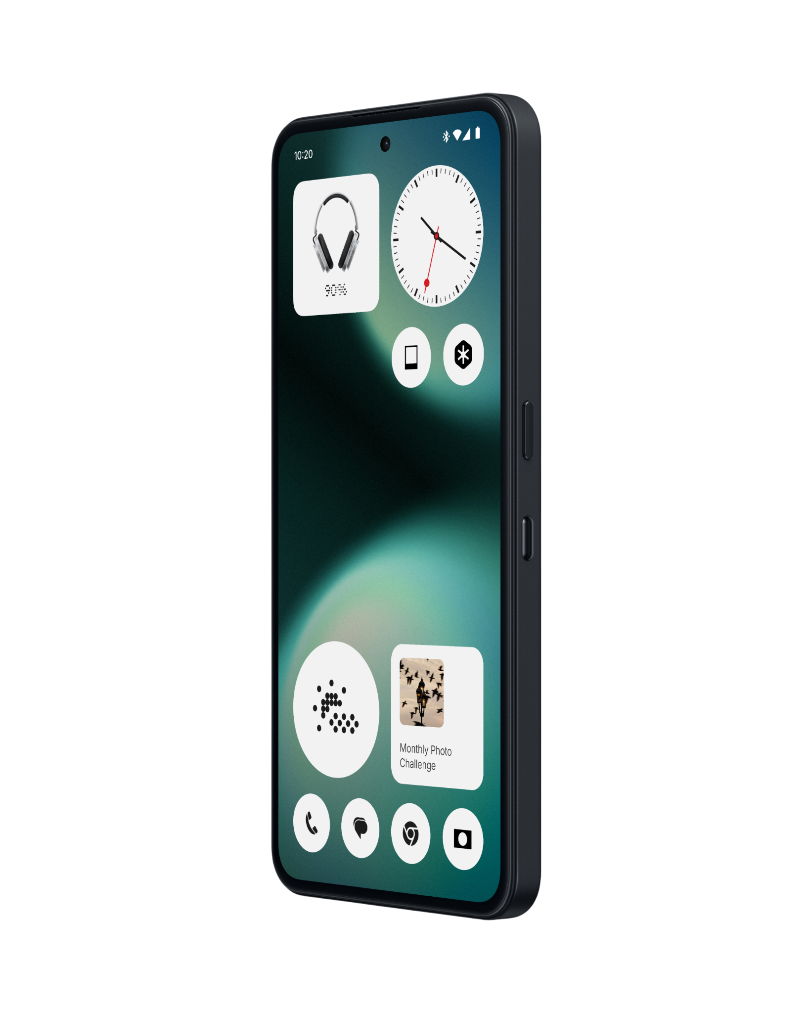 Smartphone-Bildschirm mit Widgets: Kopfhörer, Uhr, App-Icons. Schwarzes Telefon mit schwarzem Hintergrund. 10:20 angezeigt.