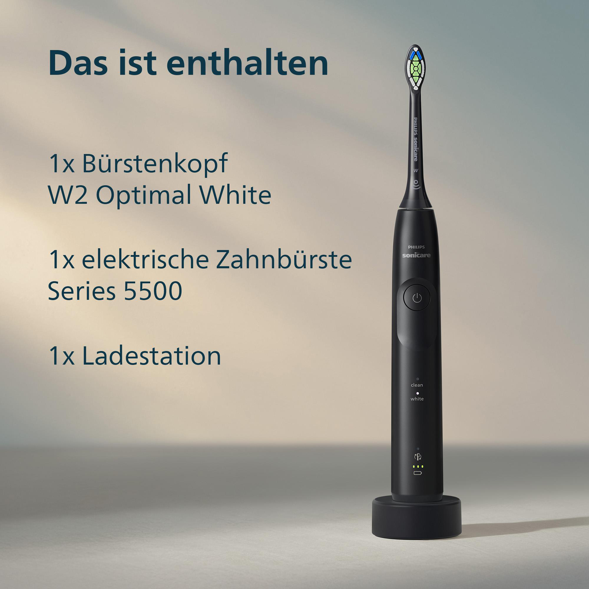 Schwarze elektrische Zahnbürste mit Ladegerät. Enthält Bürstenkopf und Ladegerät. Text: clean, white.