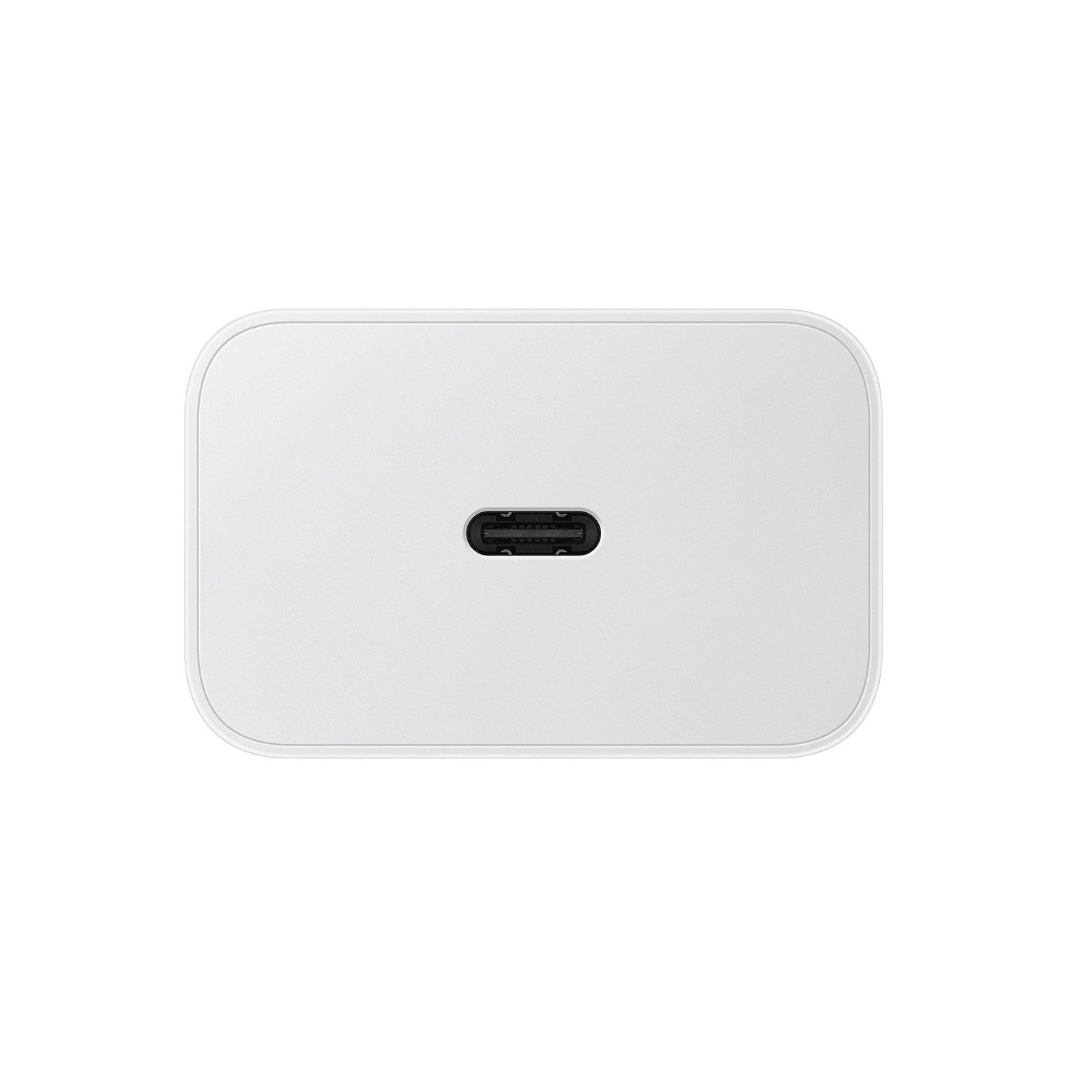 Un cargador USB-C rectangular blanco sobre fondo negro. El cargador tiene esquinas redondeadas y un puerto USB-C en la parte superior.