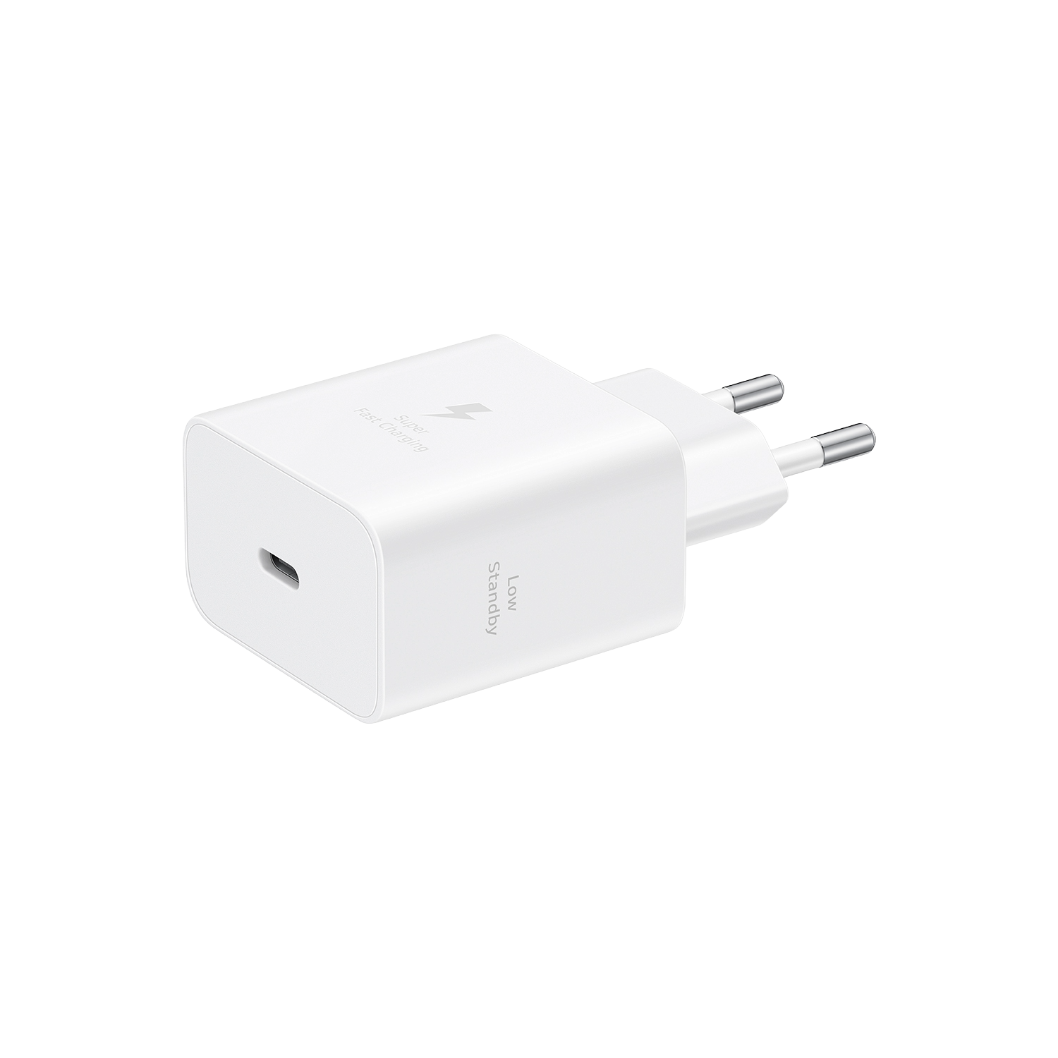 Un cargador blanco para teléfono Samsung con puerto USB-C y dos clavijas, sobre un fondo negro. Tiene "Carga súper rápida".