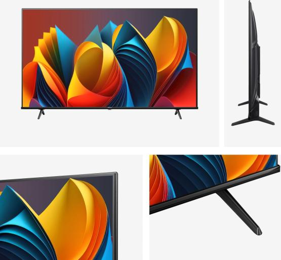Ein schwarzer Fernseher zeigt eine farbenfrohe abstrakte Grafik. Der Fernseher ist leicht angewinkelt und hat schwarze Beine.