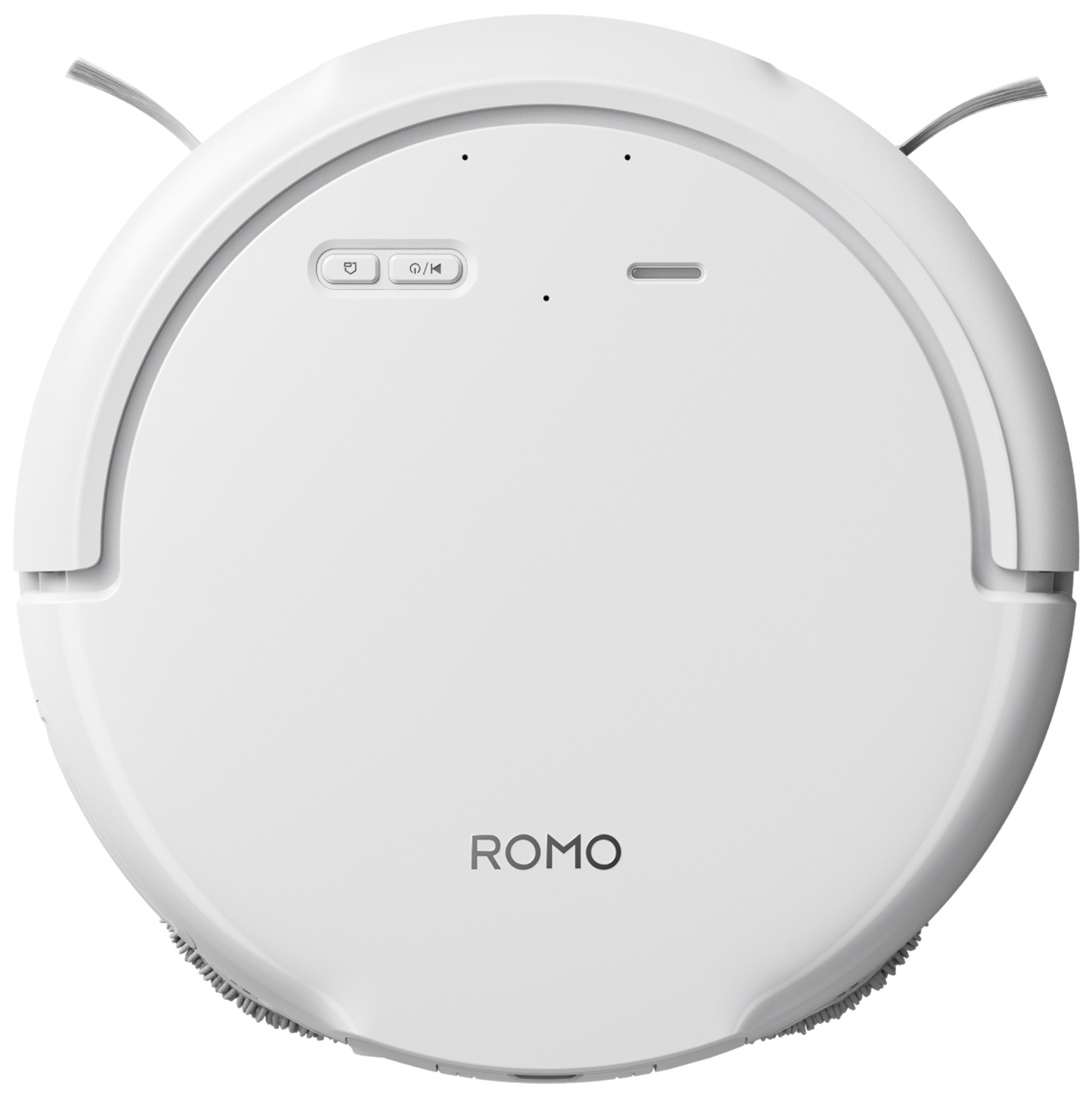Fehér, kerek robotporszívó gombokkal, kefékkel és a ROMO márkanévvel.