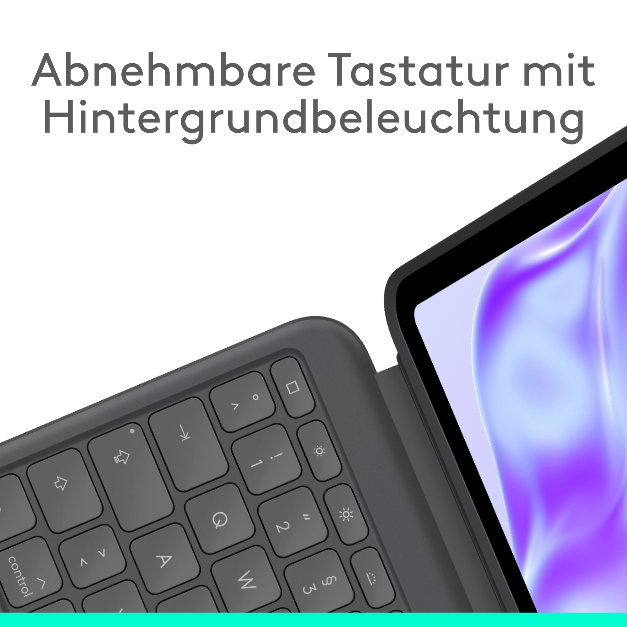 Nahaufnahme einer Tablet-Tastatur. Die Tastatur ist grau, mit weißer Beschriftung. Der Tablet-Bildschirm zeigt einen lila Farbverlauf.