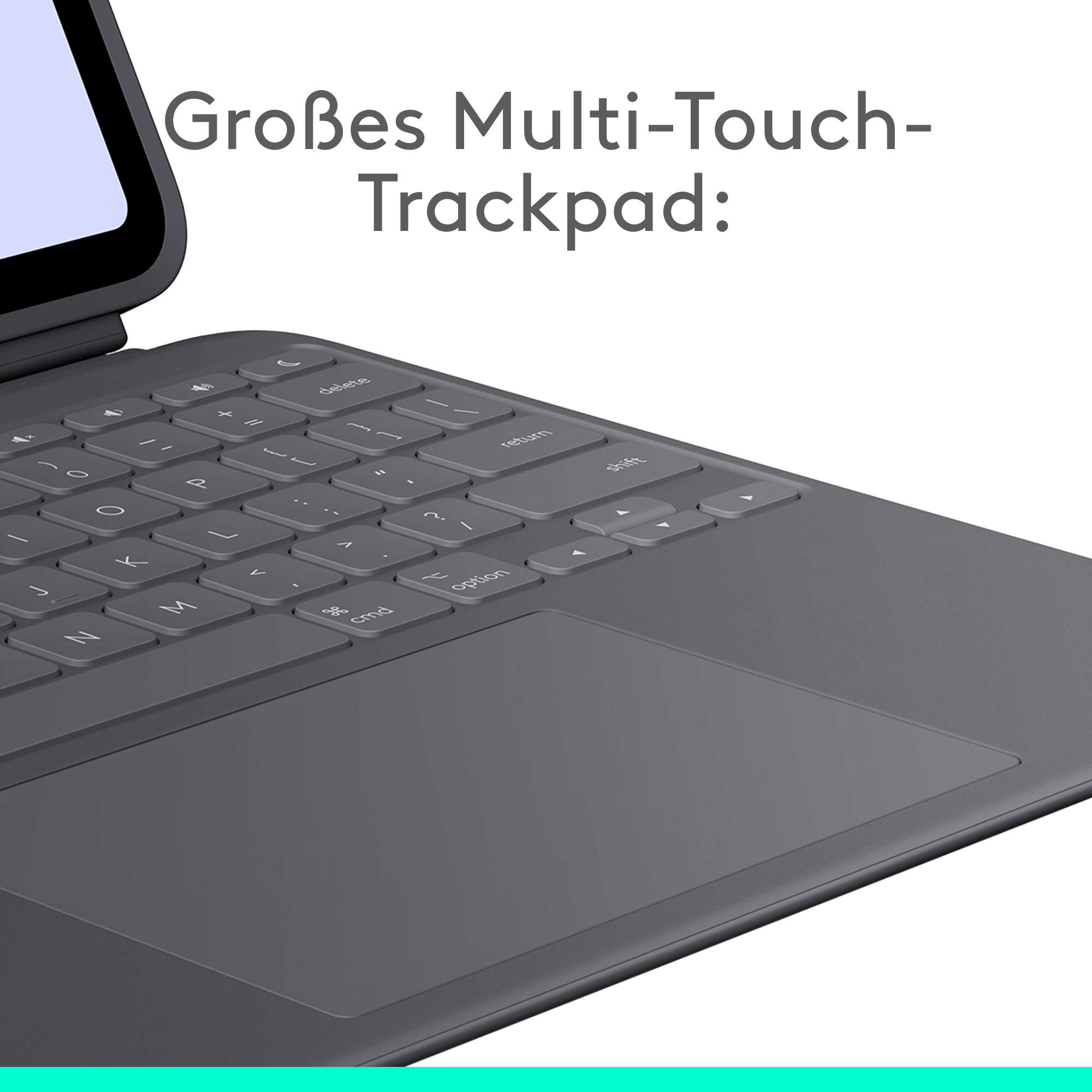 Nahaufnahme von Tastatur und Touchpad. Tasten sind Löschen, Eingabe, Umschalt und Option. Der Hintergrund ist weiß.