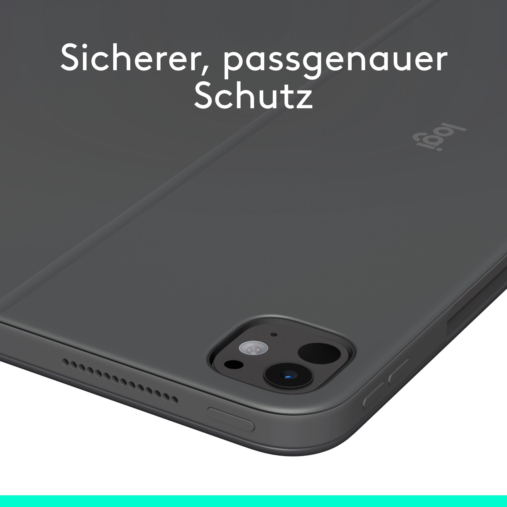 Eine graue Tablethülle mit dem Wort 'Logi'. Der Text lautet: 'Sicherer, passgenauer Schutz'.
