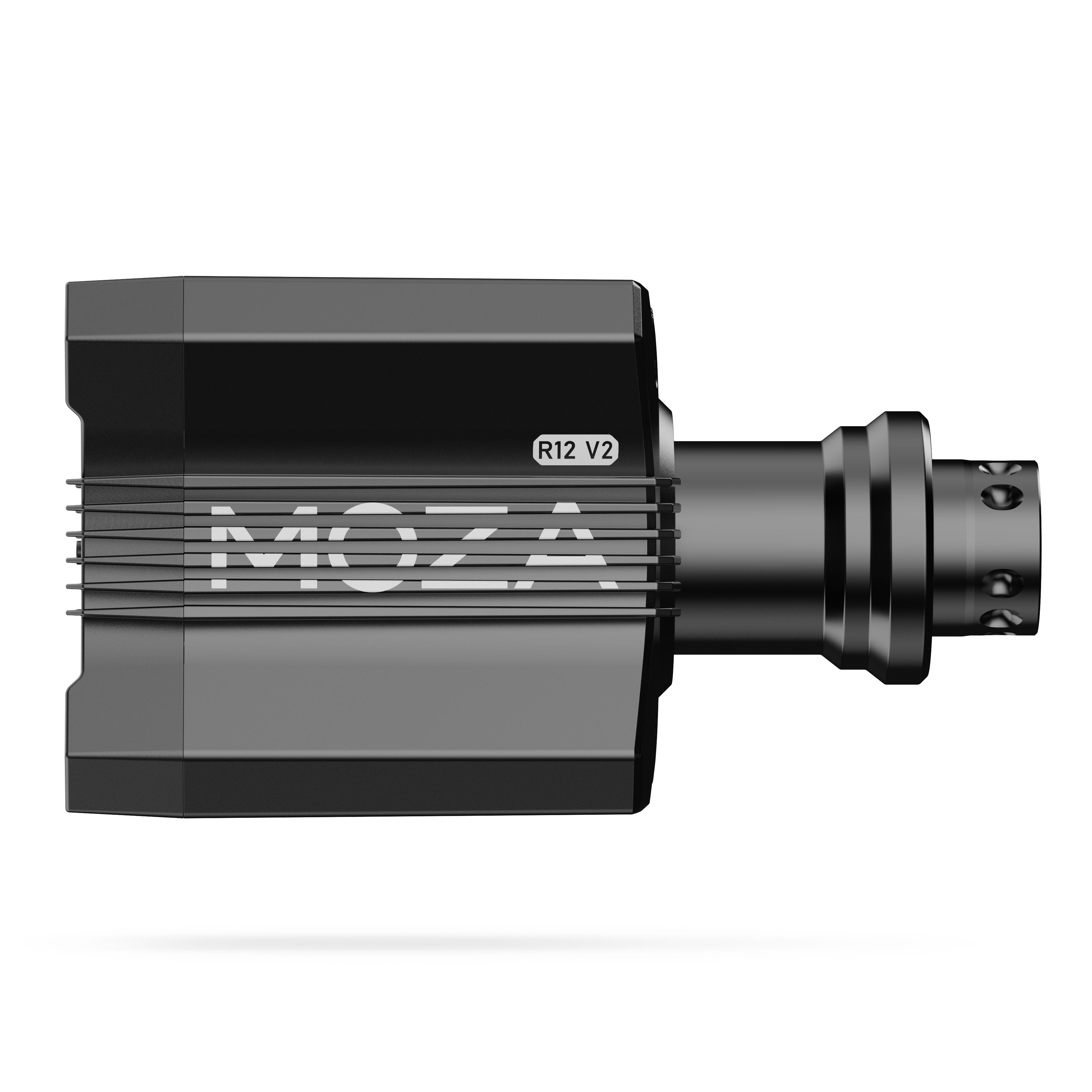 Schwarze MOZA R12 V2 Lenkradbasis, horizontal ausgerichtet auf weißem Hintergrund.
