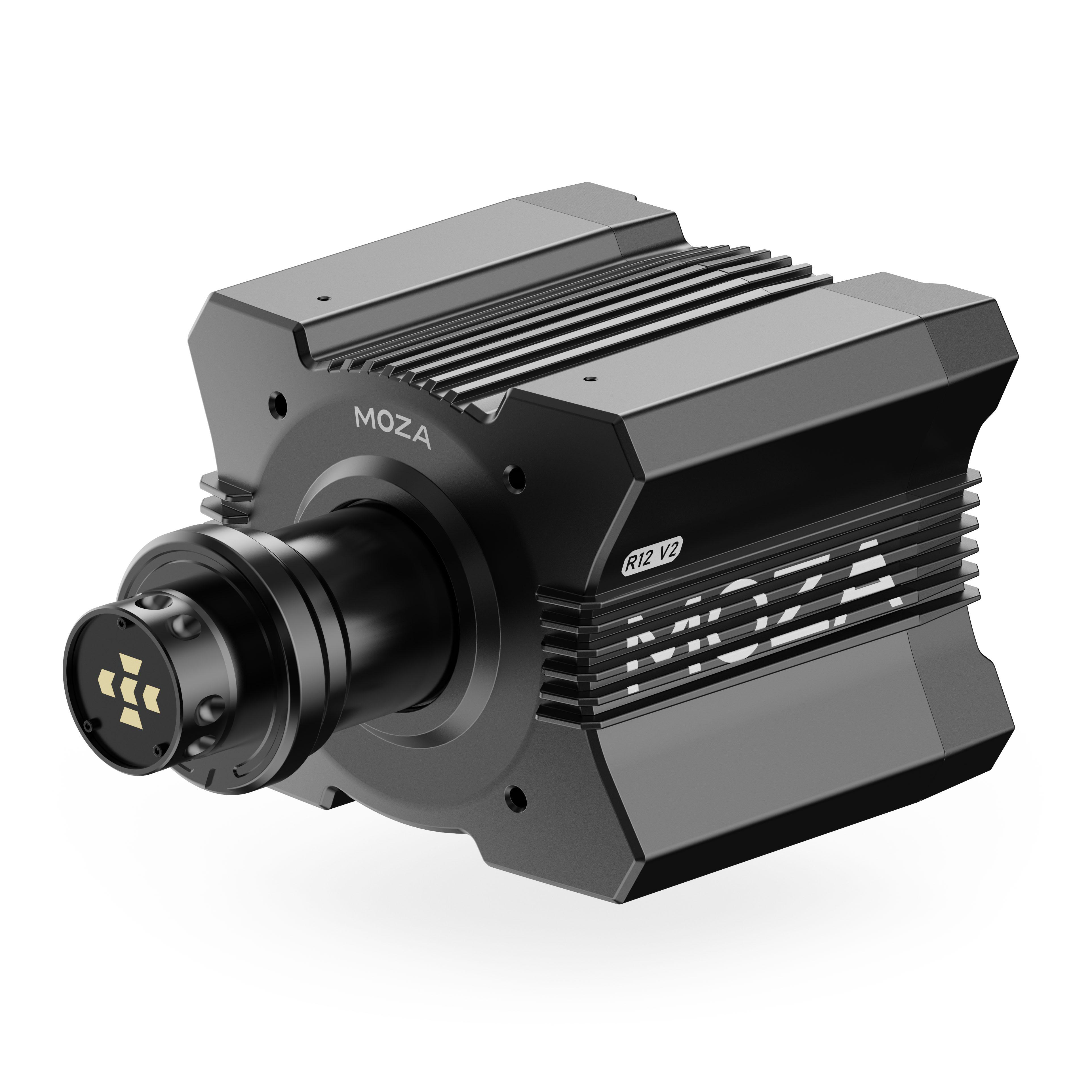 Eine schwarze MOZA R12 V2-Rennradbasis. Sie hat einen zylindrischen Körper und eine vorspringende Front mit dem MOZA-Logo.