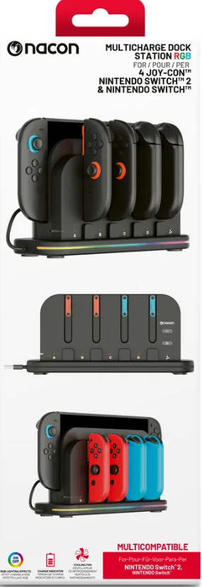 Eine schwarze Nacon Multicharge Dock Station für Nintendo Switch. Sie hat Schlitze für Joy-Cons und RGB-Beleuchtung.