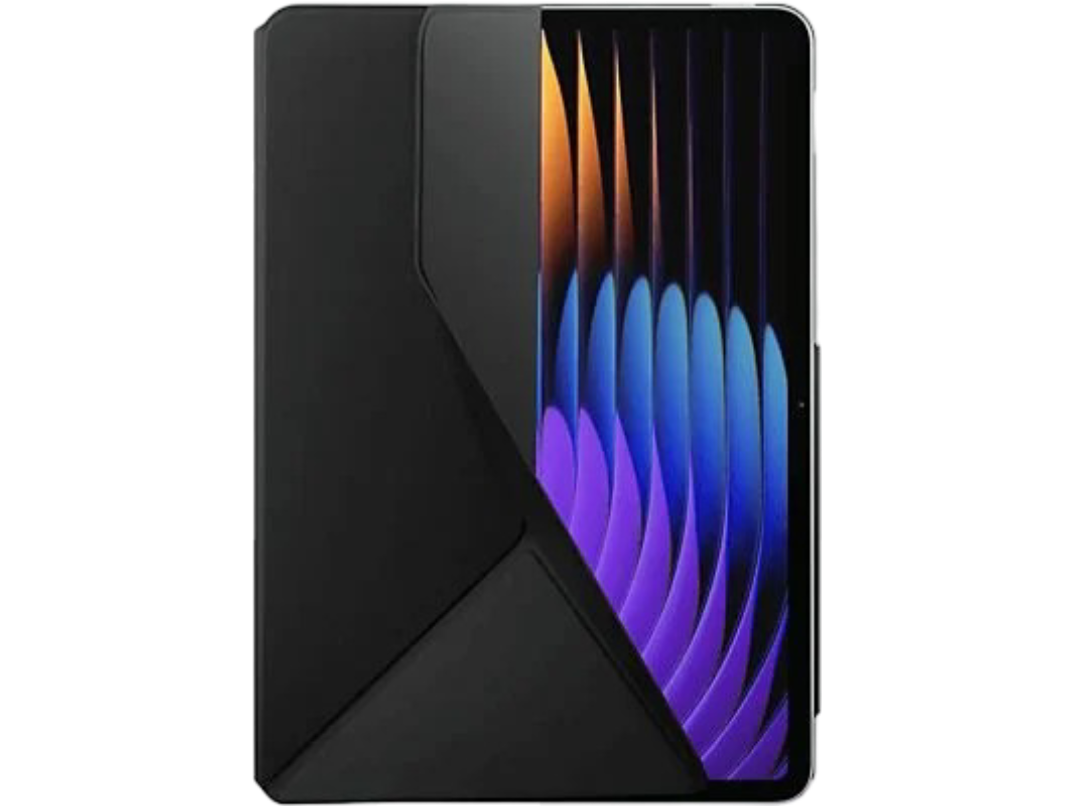 Una tableta negra parcialmente cubierta por una funda negra. La pantalla muestra líneas verticales coloridas.