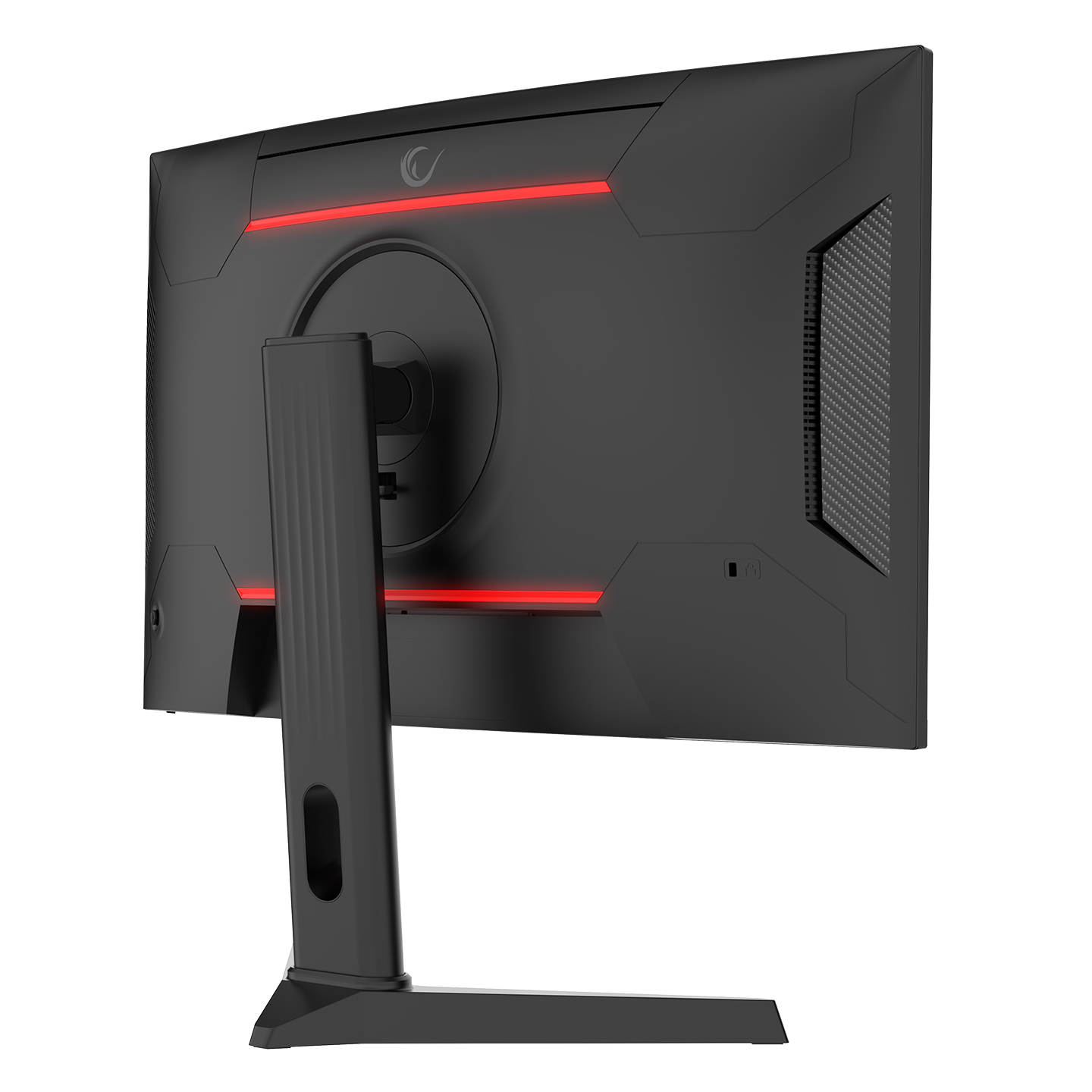 Kırmızı LED şeritlere sahip siyah bir bilgisayar monitörünün arkası. Bir standı ve bir ağ havalandırması vardır. Monitör beyaz bir arka planda izole edilmiştir.