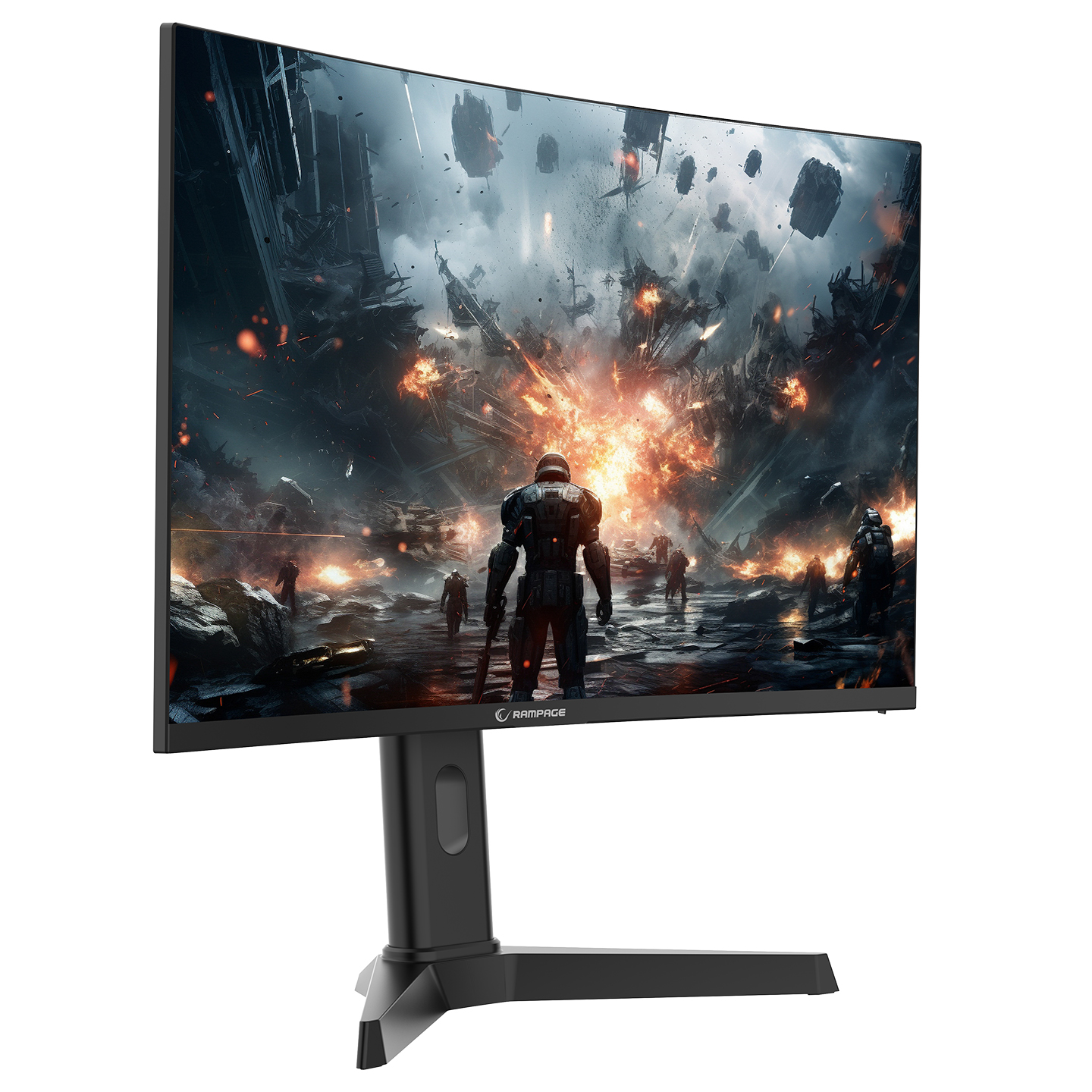 Patlayanlara bakan askerlerle bir bilim kurgu sahnesi gösteren kavisli monitör. Monitör siyahtır, Rampage logosu vardır ve siyah bir stand üzerindedir.