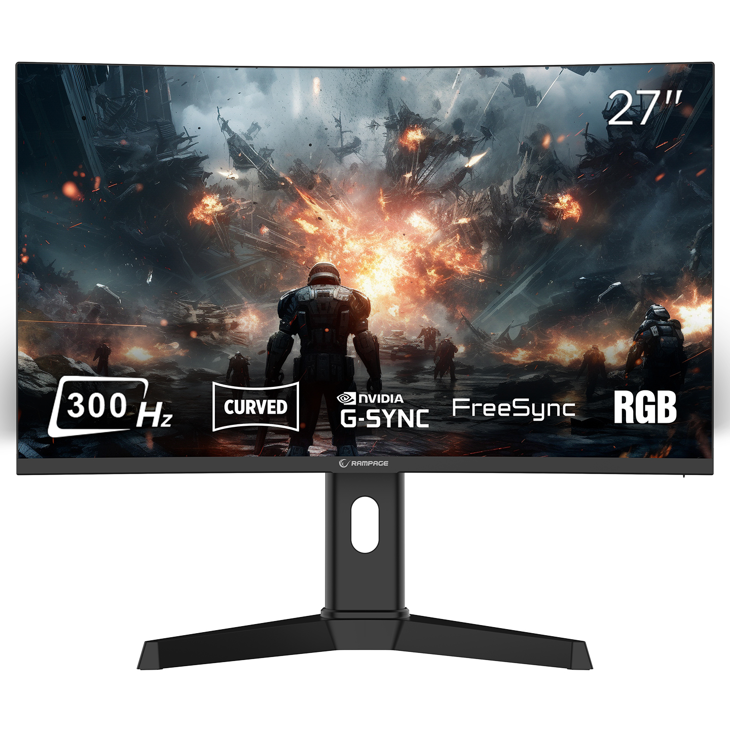 27 inçlik kavisli bir oyun monitörü, bir savaş sahnesi gösteriyor. Özellikleri: 300 Hz, G-SYNC, FreeSync ve RGB. Monitör siyah bir stand üzerinde.