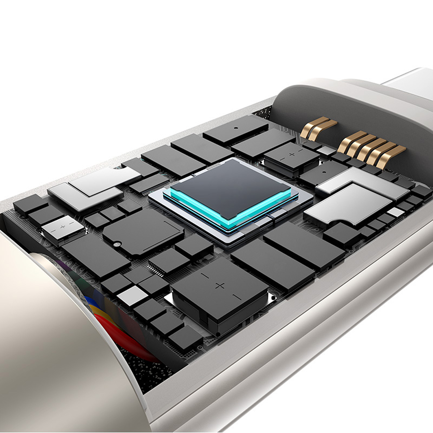 Primer plano de los componentes internos de un conector USB-C. Se ven chips y circuitos negros y plateados. Se ven cables de varios colores.