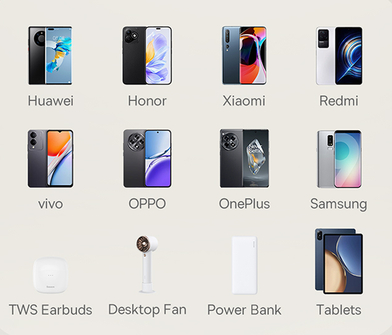 Imagen con teléfonos de Huawei, Honor, Xiaomi, Redmi, Vivo, Oppo, OnePlus, Samsung y otros gadgets, como auriculares.