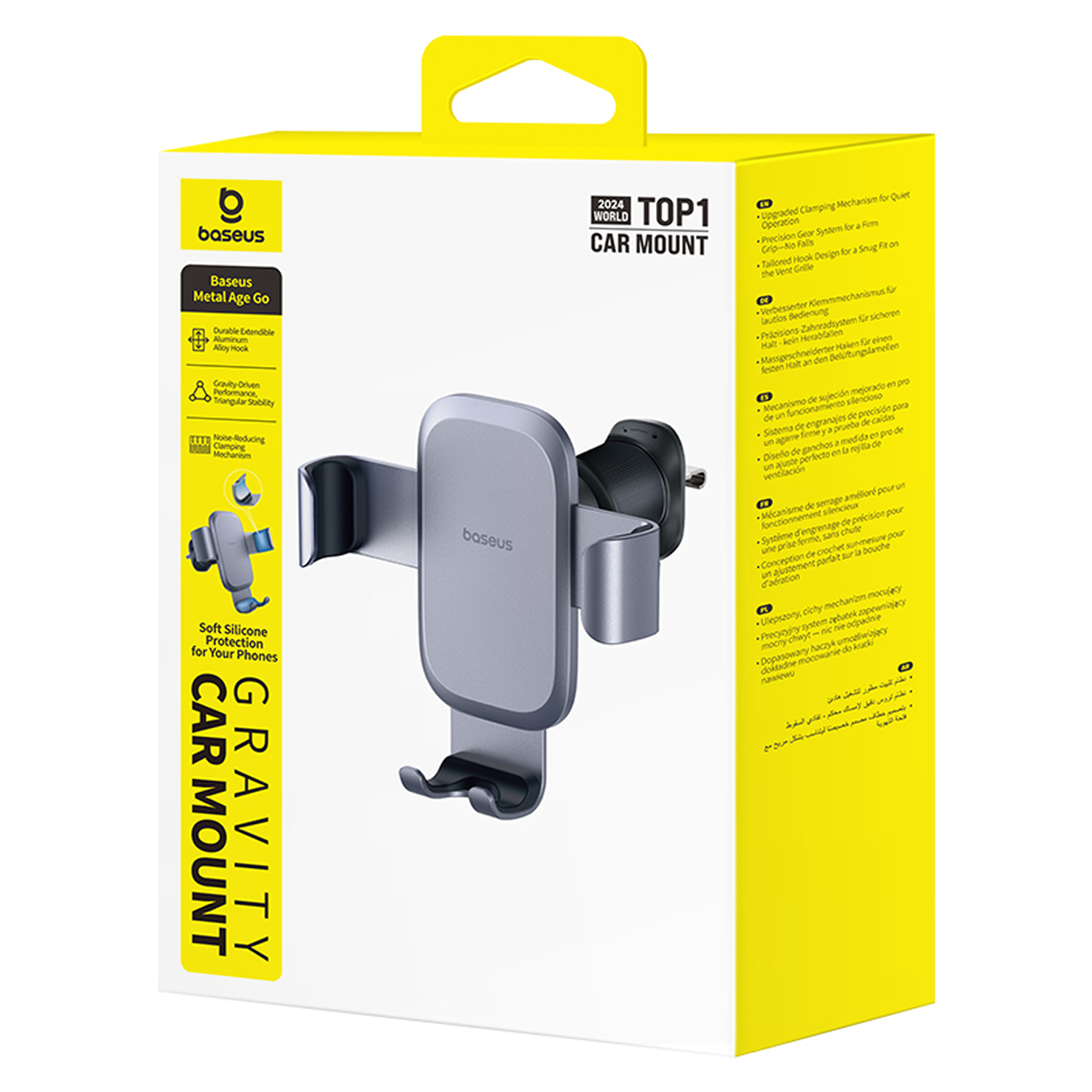 Caja de soporte para automóvil con soporte gris. Texto: 'Baseus' y 'Gravity Car Mount'.