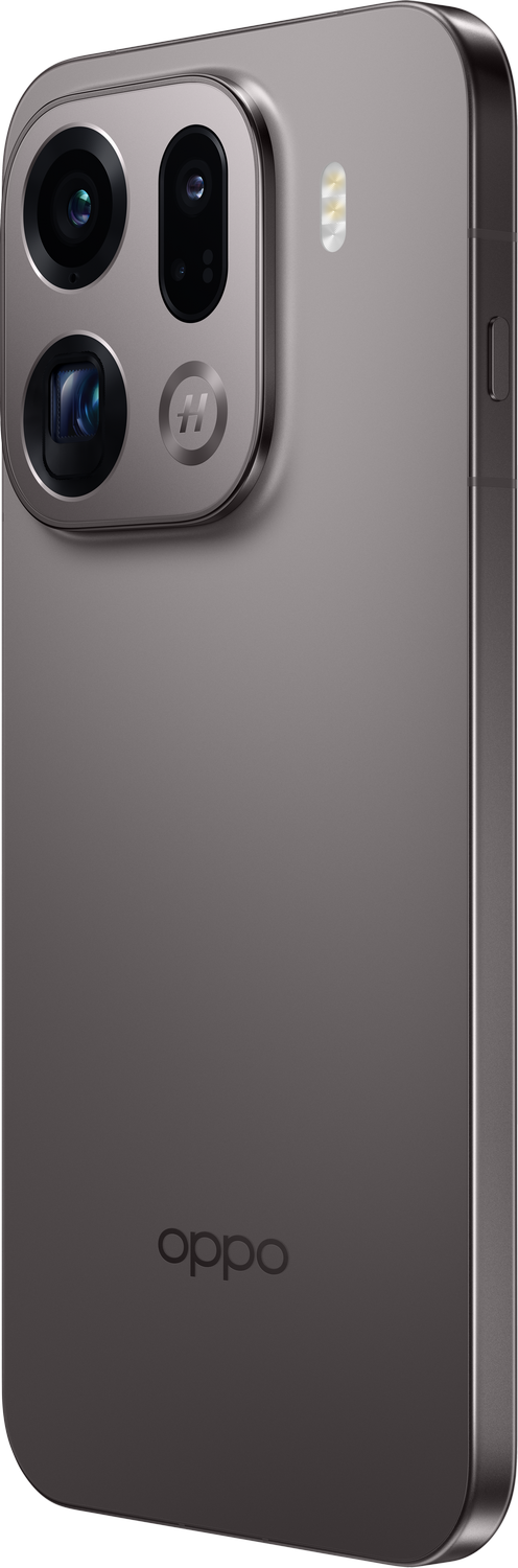 Un teléfono gris con una protuberancia de cámara, tres lentes, un flash y el logo de Oppo.