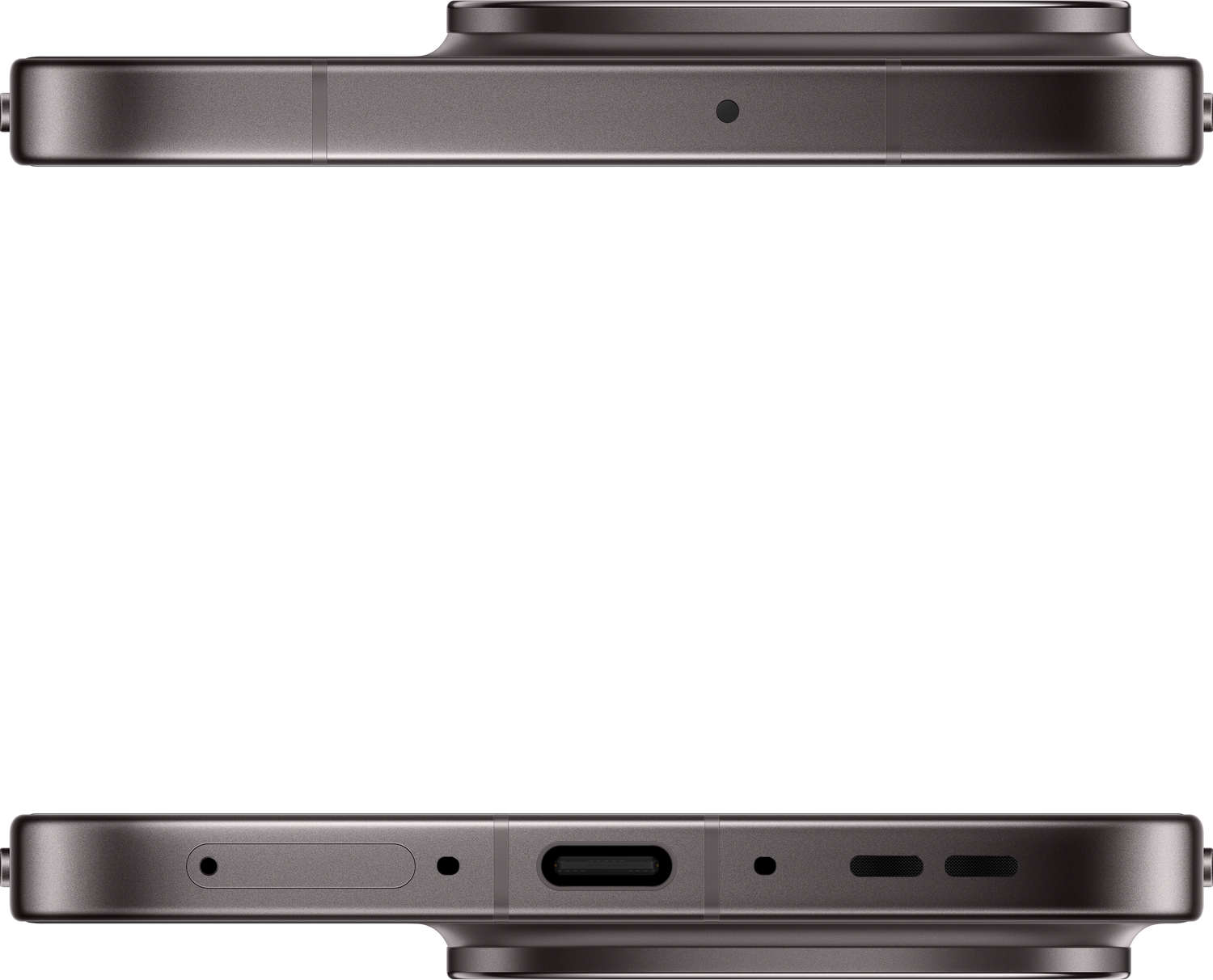 Primer plano del lateral de un teléfono gris oscuro. Son visibles puertos, botones y una protuberancia de la cámara, sobre fondo gris.