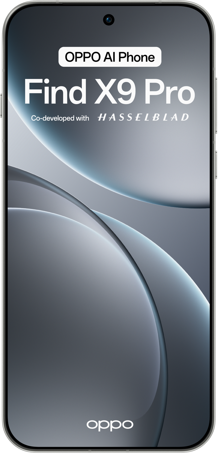 Una pantalla de smartphone muestra el OPPO Find X9 Pro. Tiene una cámara arriba. El fondo muestra curvas grises abstractas.