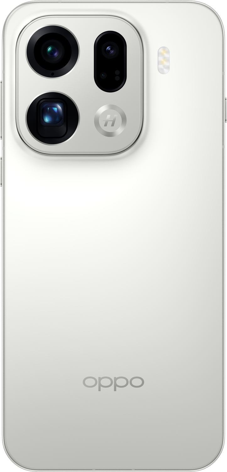 Parte trasera de un teléfono Oppo blanco con lentes de cámara y el logotipo de Oppo. El módulo de la cámara es plateado.