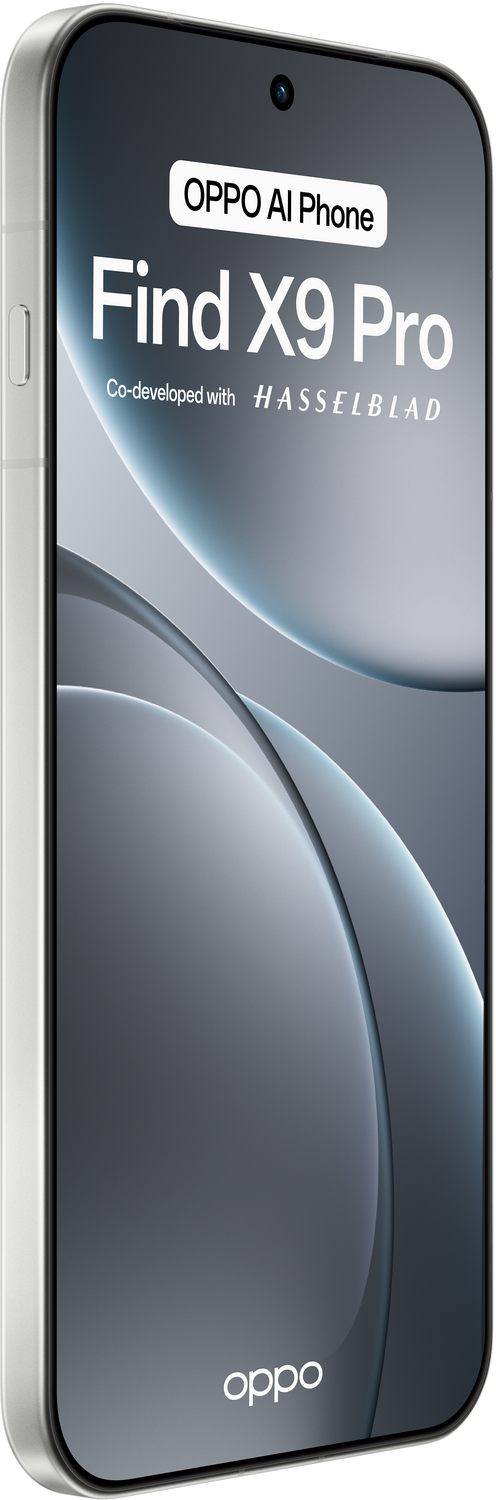 Un teléfono inteligente plateado con una pantalla que muestra el OPPO Find X9 Pro. Tiene una cámara arriba y el logotipo de OPPO abajo.
