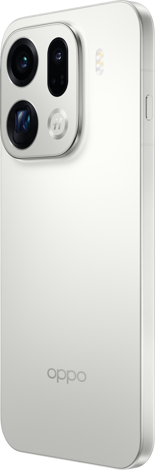 Un teléfono inteligente Oppo blanco. Tiene un grupo de cámaras en la parte superior izquierda. El teléfono está sobre un fondo gris.