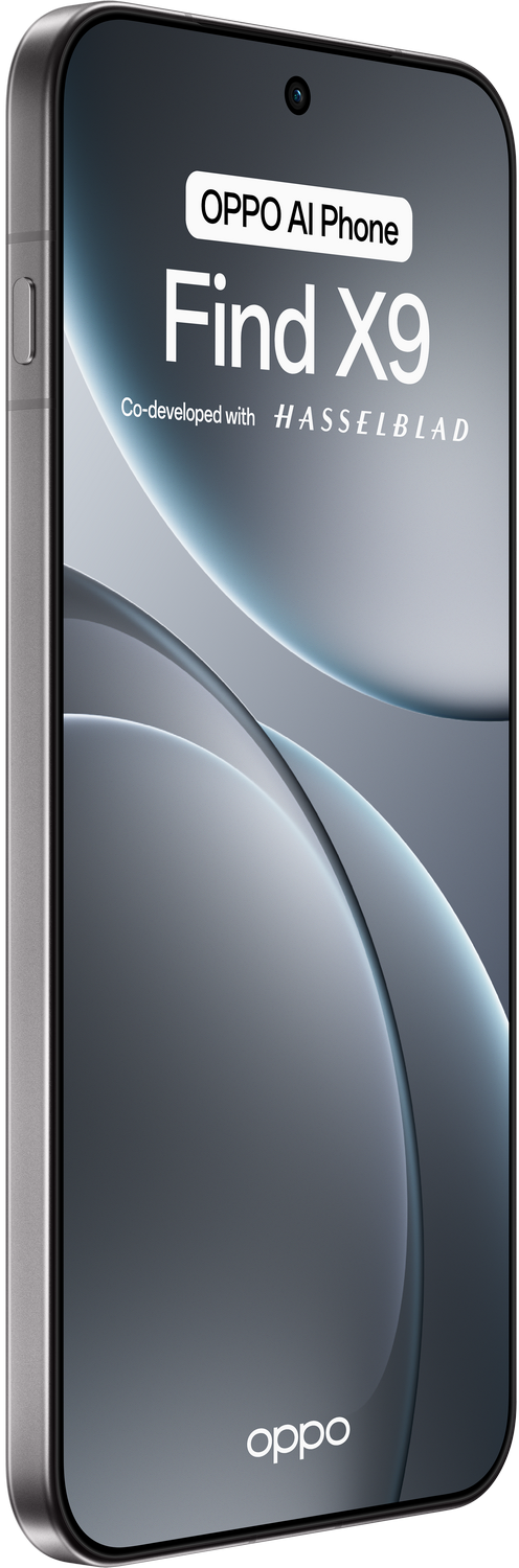 Una pantalla de teléfono inteligente muestra 'OPPO Ai Phone Find X9'. El teléfono está codesarrollado con Hasselblad. El teléfono tiene un degradado gris.