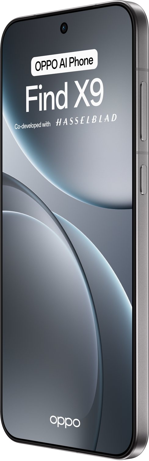 Teléfono Oppo Find X9. Vista frontal con texto en pantalla, diseño curvo. Desarrollado con Hasselblad. Cuerpo plateado con botones.