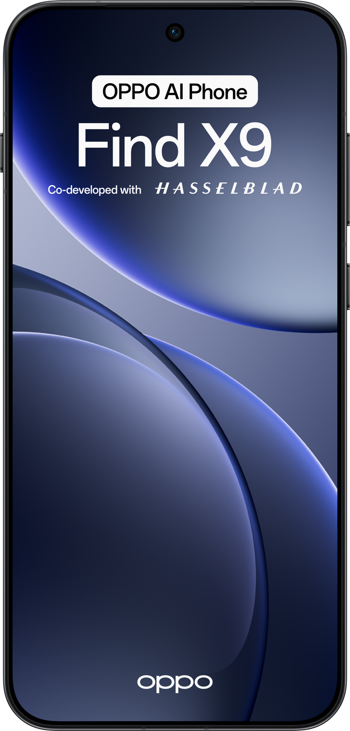 La imagen muestra un teléfono Oppo Find X9 con un fondo abstracto azul oscuro. El teléfono está co-desarrollado con Hasselblad.
