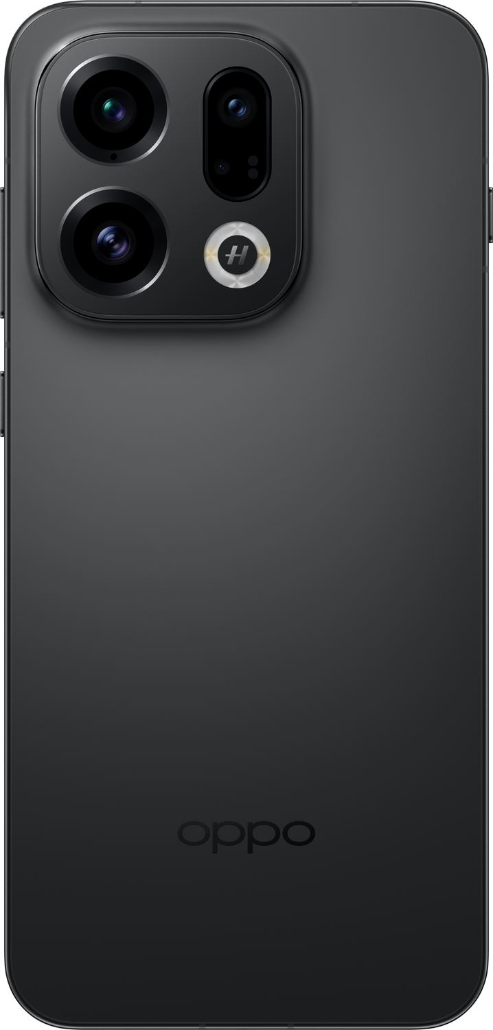 Un smartphone negro con una matriz de cámaras en la parte superior. El logo de Oppo está en la parte inferior y una matriz de cámaras arriba a la izquierda.