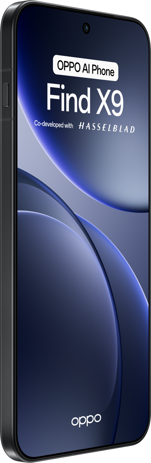 Un teléfono muestra 'OPPO AI Phone Find X9'. Co-desarrollado con Hasselblad. Carcasa negra con fondo azul oscuro y blanco.